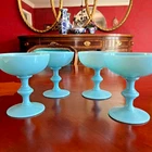 Set of 4 Vintage Blue Milk Glass Sherbet Dessert Cups Pedestal Bowls