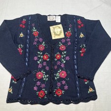 Vintage Erika Cardigan Sweater Medium Blue Floral Embroidered Grandma Cottage