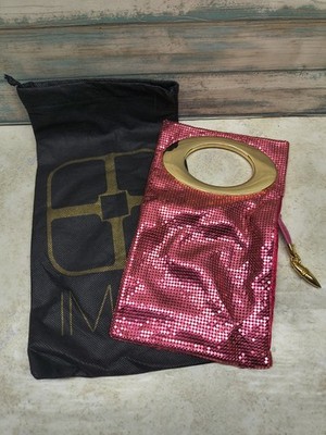 IMAN Pink Metallic Mesh Cut Out Gold Oval Handle Wristlet Bag Clutch