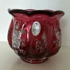Fenton Hand Painted Flowers Cranberry Red Glass Vase Bowl Dish SIGNED