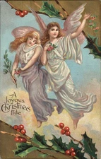 Christmas Angels Holly Gilt Embossed c1900s-20s Postcard