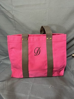 Garnet Hill Canvas Hot Pink Tote  monogramed D With Brown Straps