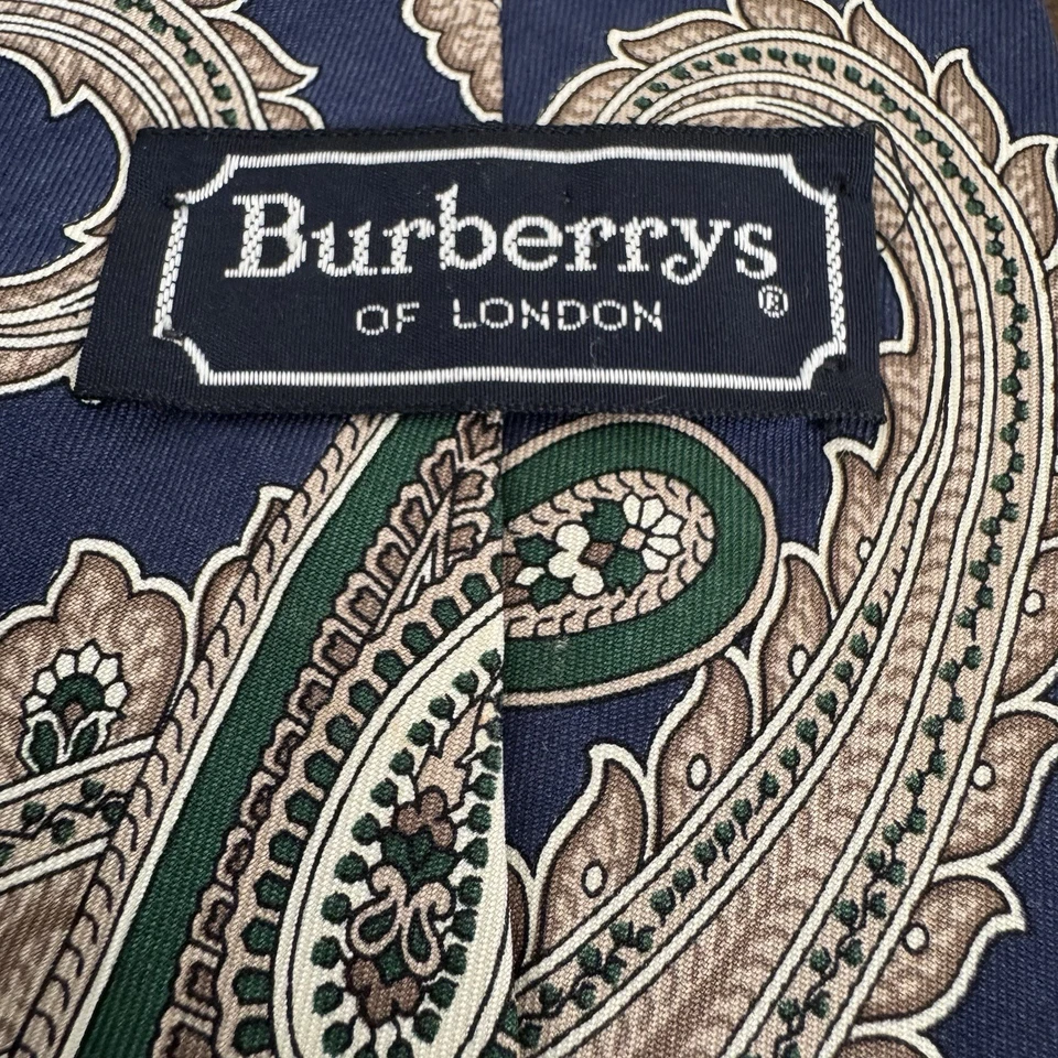 VTG Burberrys of London Tie Navy Intricate Paisley Pure Silk Necktie Blue Green - Image 2 of 4