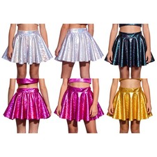 Girls Kids Stretchy Skirt Holographic Dancewear School Show Costume Flared Jazz