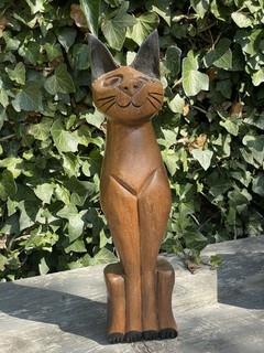 Large Hand Carved Wooden Cat Ornament Figure Boho Home Statue