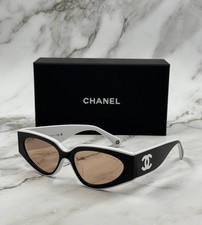 NEW CHANEL CH6056 Cat Eye Black White Acetate Brown Lens Sunglasses - 100 Auth