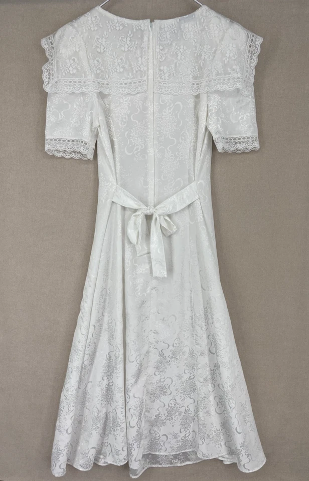 Vintage Scott McClintock Gunne Sax Vestido 9/10 Gola de Renda Branca Midi Amarrar Traseiro - Imagem 3 de 4