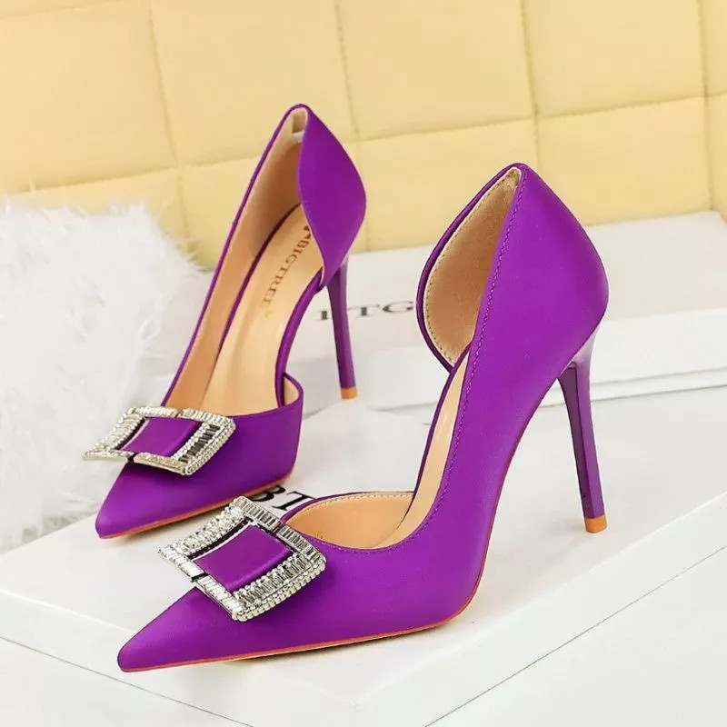 Zapatos de Salón Elegantes Con Hebilla Pedrería Rosa Violeta Tacón Aguja 10 CM