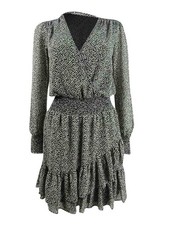 Michael Michael Kors Women's Floral-Print Faux-Wrap Dress (XS, Black/Evergreen)