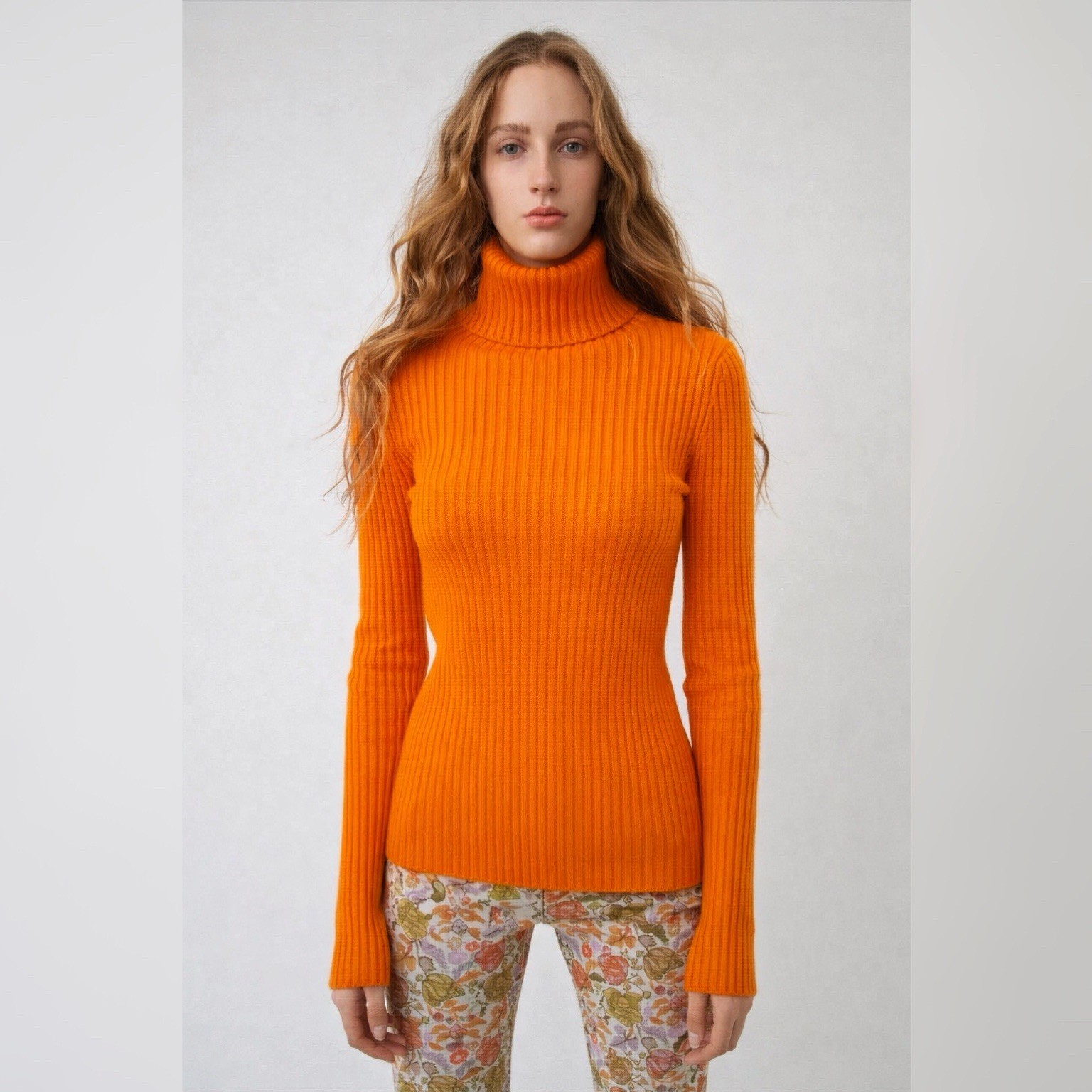 Acne Studios Ribbed Cotton Blend Turtleneck Sweater Knit Medium Orange Bodycon