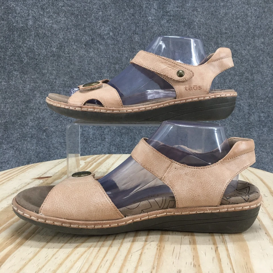Taos Sandals Womens 11 Strappy Tan Leather Open Toe Hook And Loop Wedge Heels - Image 2 of 4