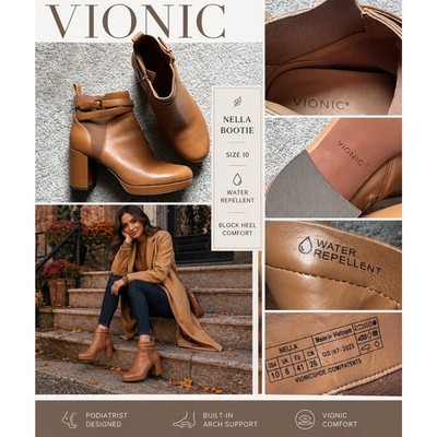 Vionic Nella Ankle Boots Heeled Camel Light Brown Tan Leather Water Repellent 10
