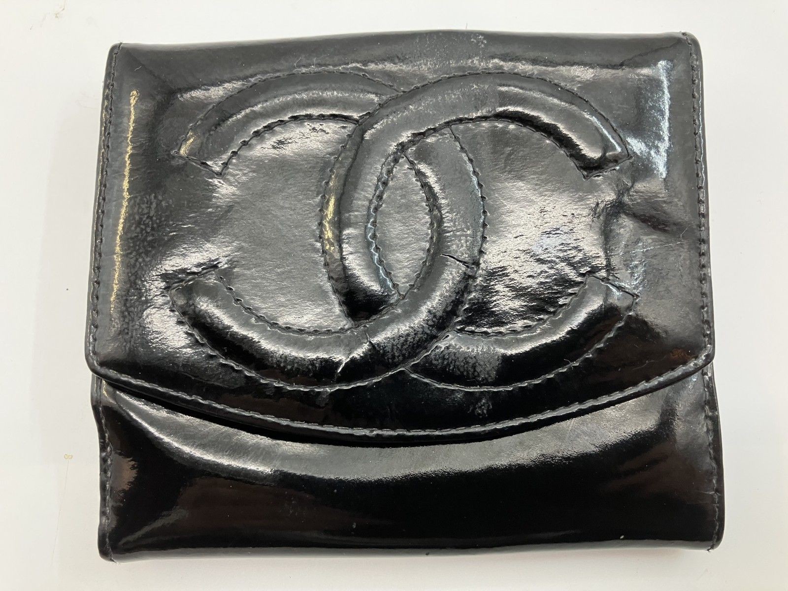 CHANEL Black Enamel Bi-Fold Compact Wallet 10cm With Seal 5% Off + Free Shipping  