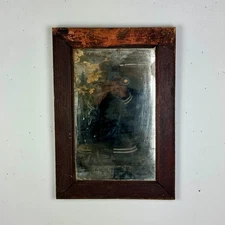 Antique Primitive Distressed Wall Mirror In Wood Frame With Peeking Color