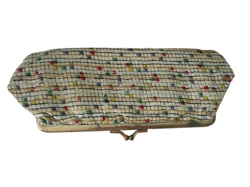 Vintage Frame Clutch Make Up Bag Bold Graphics Gold Silver Woven Accents Damage - Picture 5 of 23