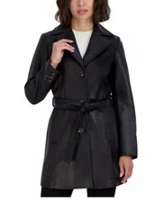 Tahari Women's Nicole Belted Leather Trench Coat Black Xxl