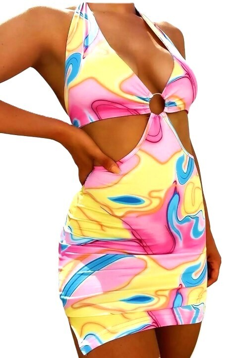 LILY LULUCHELBY ROSA CORTE CUELLO HALTER BODYCON MINI VESTIDOTALLA 8 O 10 #TUB**