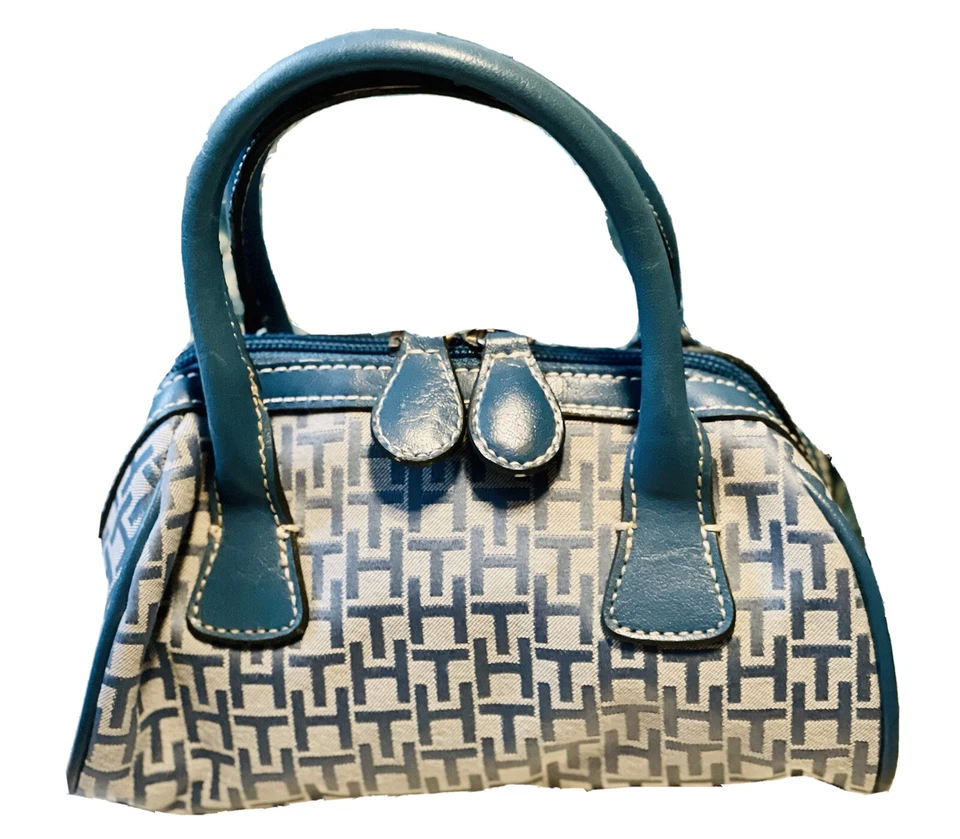 Mini bolso de mano/lona Tommy Hilfiger vintage azul bebé diseño TH doble asa Foto 2 de 4