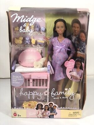 Happy Family Midge & Baby Barbie Doll African American Pregnant Belly  Nursery 74299566646