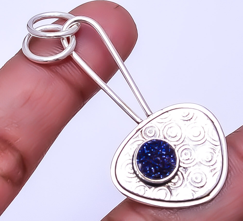 Electric Blue Titanium Agate Drusy Handmade 925 Sterling Silver Pendant 1.95