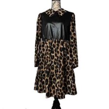 Shein Curve Brown Black Tan Animal Print Collard Faux Leather Dress 1XL New