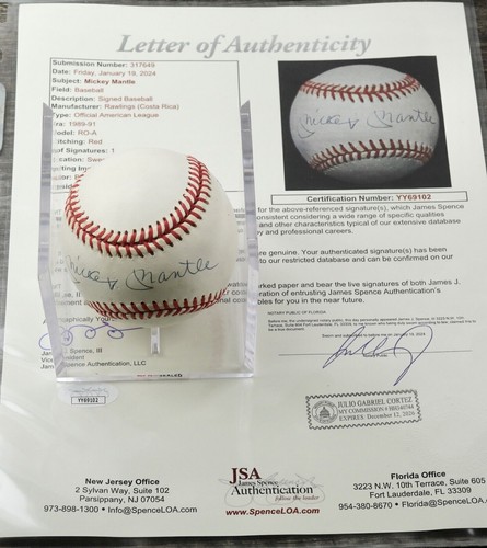 Mickey Mantle New York Yankees Autographed OAL Baseball JSA LOA