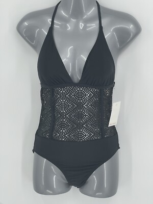 New Ella Moss One Piece Swimsuit Crochet Lace Halter Tie Black Women Size Small