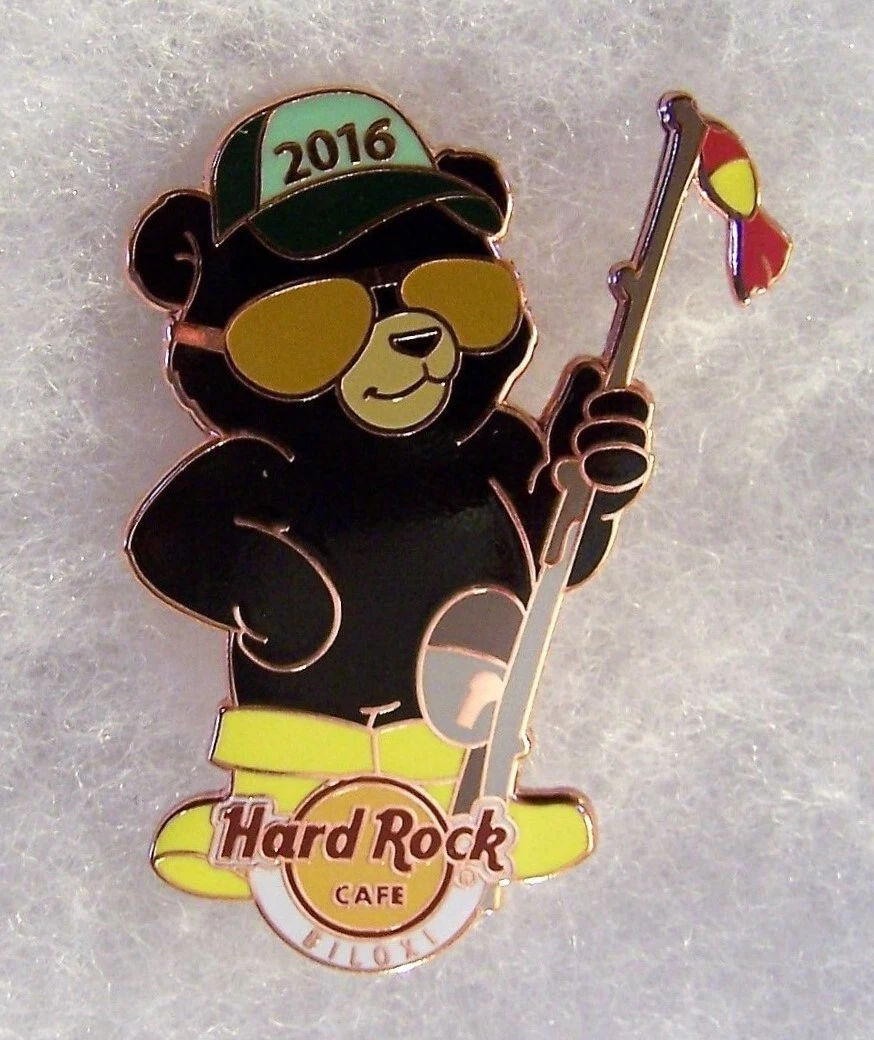 HARD ROCK CAFE BILOXI BEAR IN YELLOW BOOTS WITH FISHING POLE & FISH PIN # 89031
