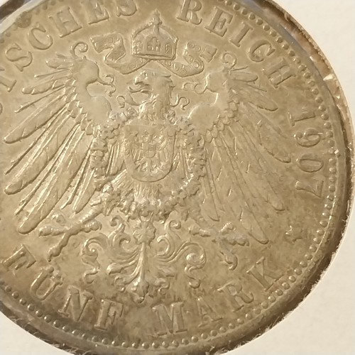 German State Wurtemburg 1907-F Silver 5 Marks Nice Toning higher grade - Picture 4 of 6