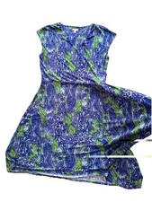 Talbots Surplice Midi Dress Petite L Blue Green Paisley Cap Sleeve Liquid Knit