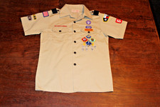 Boy Scouts of America BSA Youth Shirt Tan Large Sewn Patches Short Sleeve