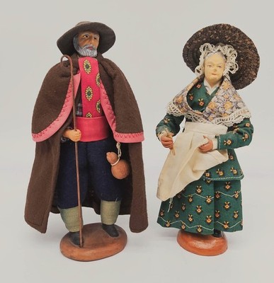 M Chave Aubagne Pair of 2 Terracotta Figurine Peasant Village Man + Woman France