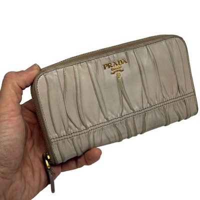 Prada Gaufre Nappa Leather Zip Around Wallet Beige Gold Tone