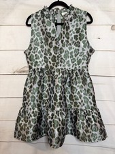 Karlie Size LG Sleeveless Dress Grey Silver Green Animal Print Ruffled Collar