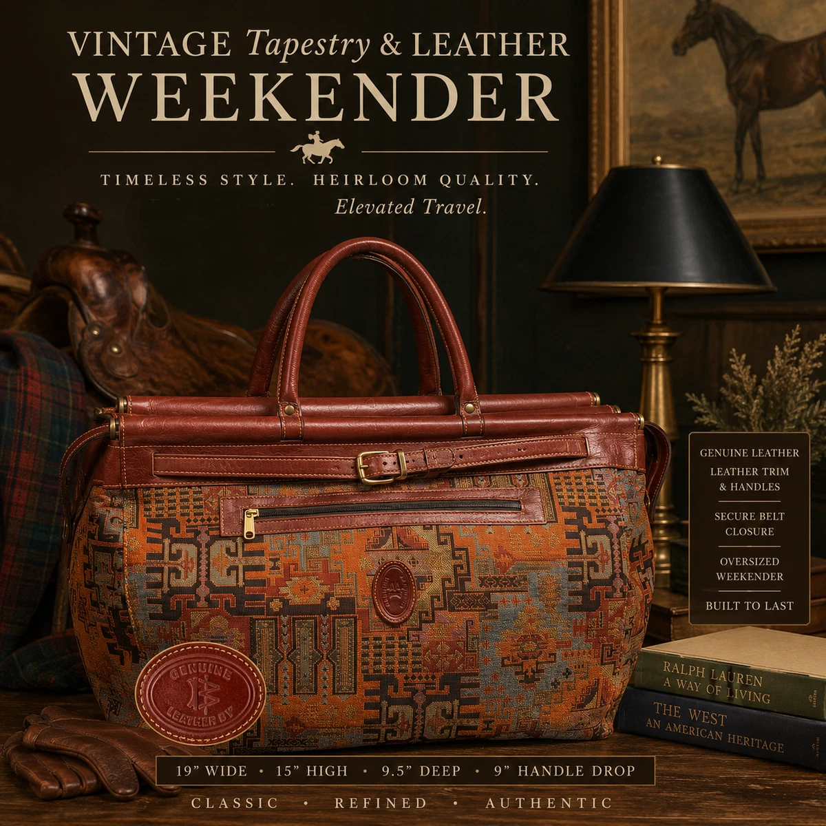 Vintage dark academia southwestern tapestry navy tote bag Vintage Southwestern Tapestry Carpet Bag Leather Trim  main image 2