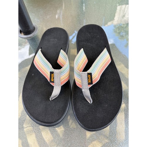 Teva Olowahu Mush Flip Flops Black Rainbow Multi Strap Sandals 1019040 Womens 6