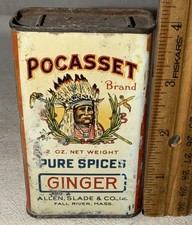 ANTIQUE POCASSET GINGER SPICE TIN LITHO CAN FALL RIVER MA NATIVE AMERICAN INDIAN