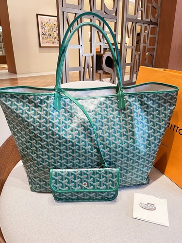 AUTH Goyard Saint Louis GM Green Goyardine Canvas Open Top Tote Bag With Pouch