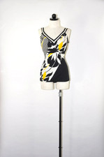 60s Black White Yellow Graphic Leaf Print Backless One Piece Swimsuit Women L