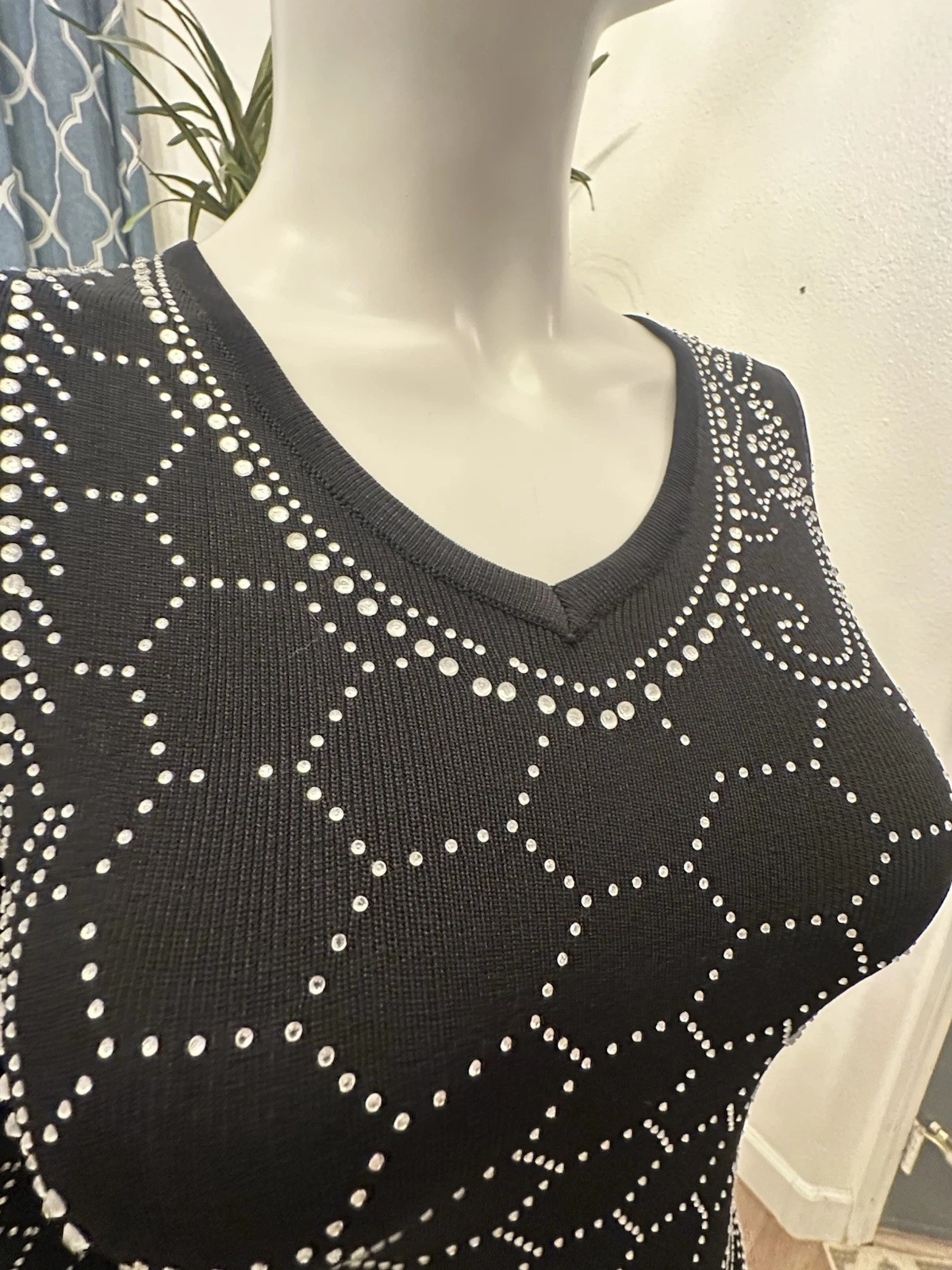 VETEMENTS Abito Bodycon Nero Elasticizzato S M Strass Borchie Super Elasticizzato Stretto Midi