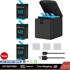 3Pack Hero 12 Battery & USB Storage Fast Charger For Gopro Hero 9 10 11 12 Black