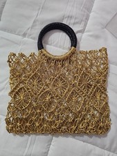 Gold Woven Top Handle Bag Black Handles Detac...