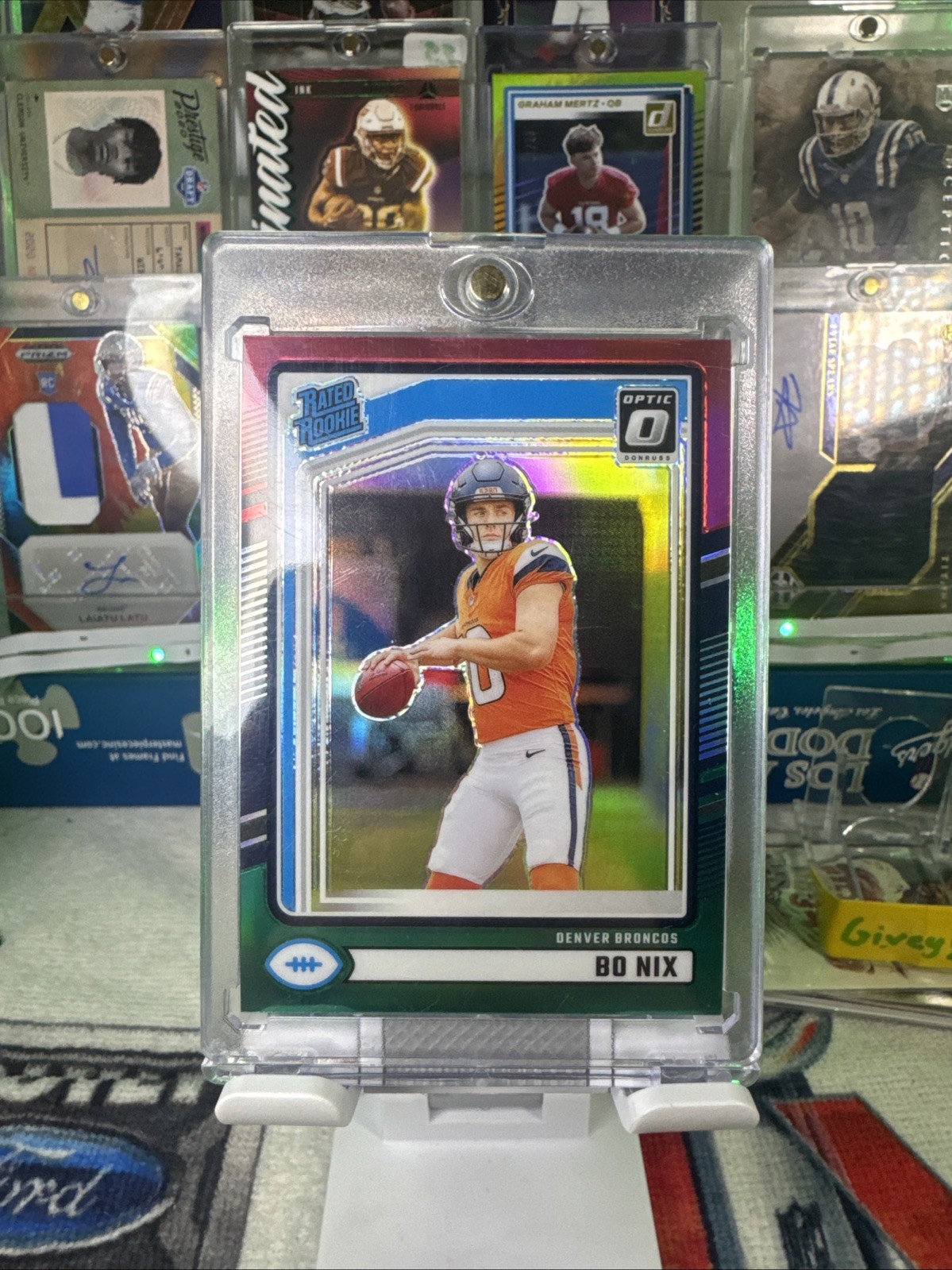 2024 Panini Donruss - Rated Rookie Bo Nix #369 Optic Preview Red & Green Prizm