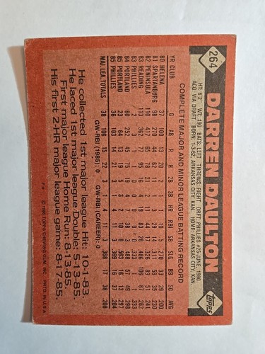1986 Topps #264 Darren Daulton - Picture 2 of 2