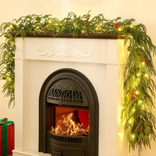 9FT Christmas Garland with Lights, Battery Operated Garland with Red Berries ...