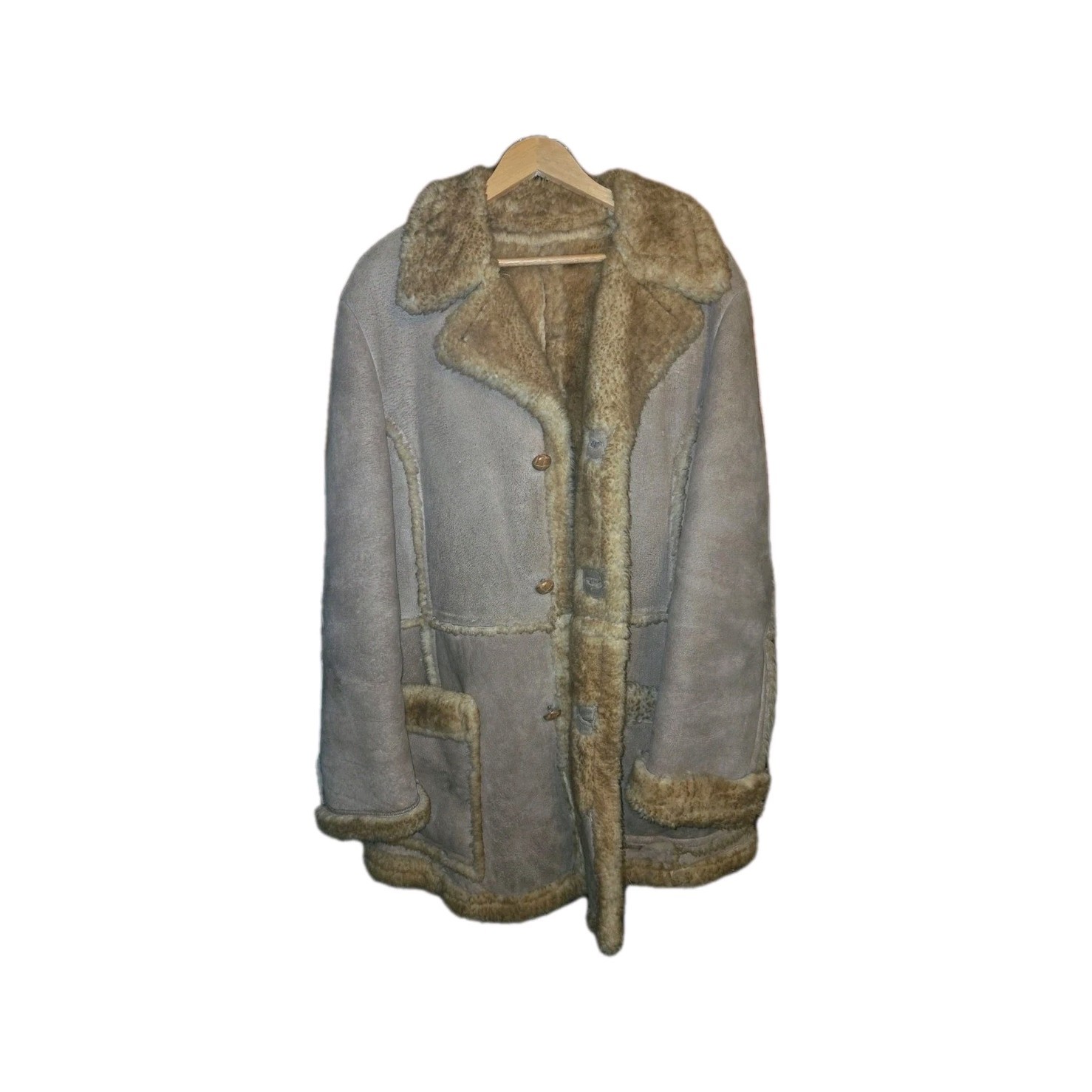 Leather-Mates Shearling Coat Men's 42 Beige Brown Button Fur Trim Mid-Length