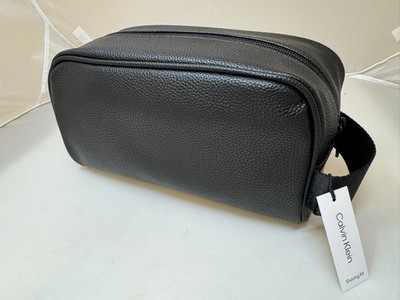 Calvin Klein Mens Travel Cosmetic Toiletry Bag Black Leather EUC