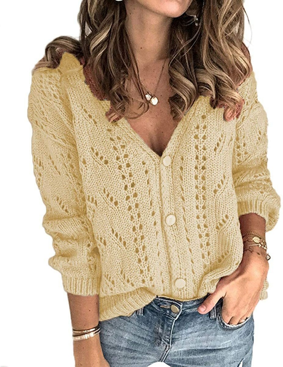 Women's Lightweight V Neck Hollow Out Knit Sweater Open Front