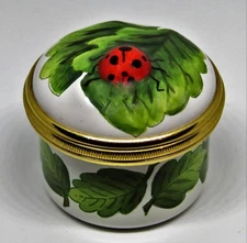 HALCYON DAYS ENAMEL BOX - THREE DIMENSIONAL LADY BUG & LEAVES - LADY BUGS