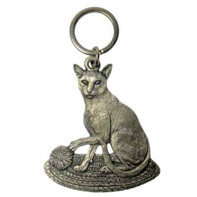 Shorthair Cat Key Ring Pewter 3D Kitty Yarn Ball Rug Keychain 2 Sided Vintage